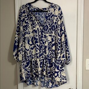 Blue and White Patterned Zara Mini Shirt Dress